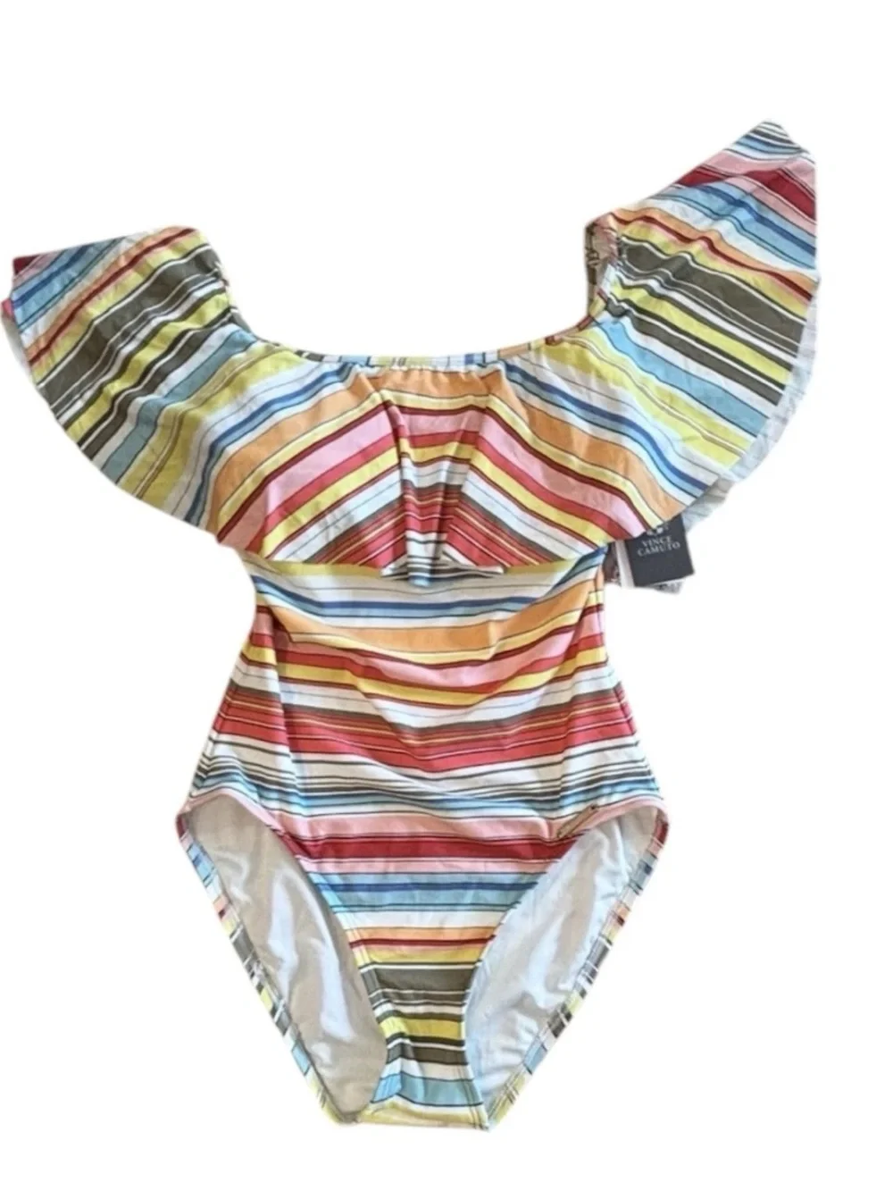 Vince Camuto Cruise White Multi Color Stripe One Piece Swimsuit Off Shoulder 8